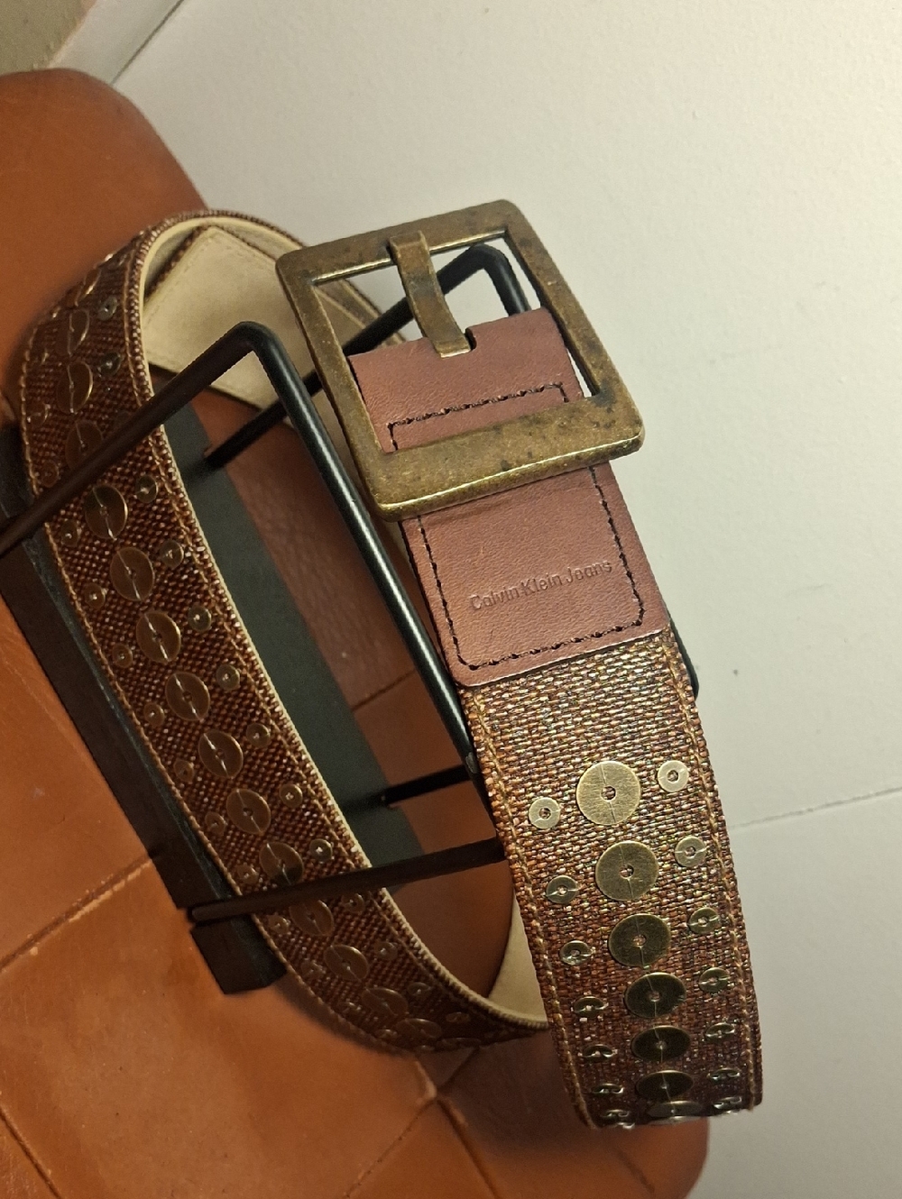 Calvin Klein Jeans Brown Leather EmbellishStudded Belt with Antique Brass Buckle